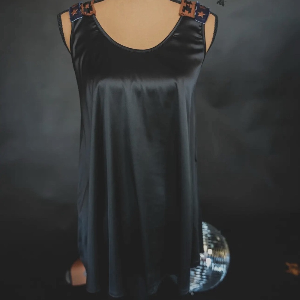 Black Satin Slip Chemise with Embellished Straps